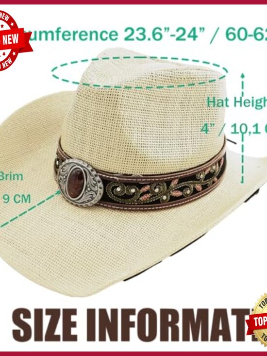 Unisex Straw Cowboy Hat with Studded Band and Bull Buckle, 58cm or 60cm